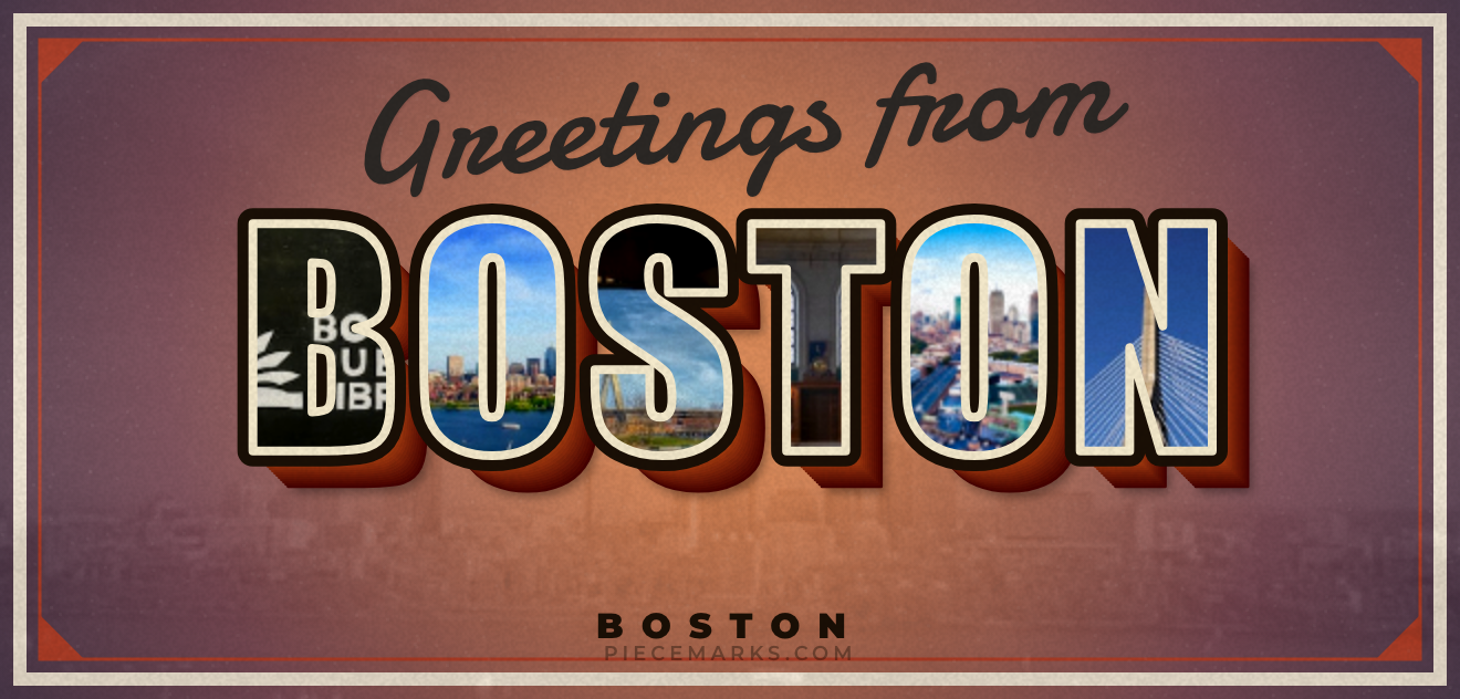Real photos of BOSTON filling each letter — a Piecemarks Greetings From mural