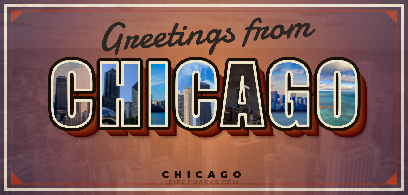Real photos of CHICAGO filling each letter — a Piecemarks Greetings From mural