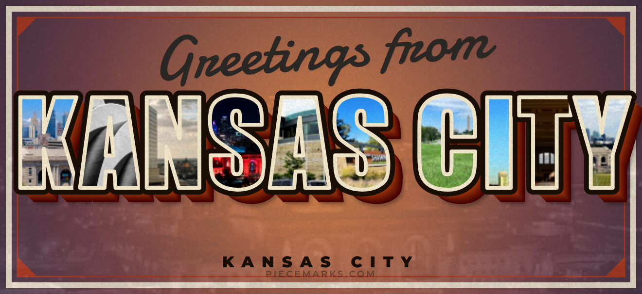 Real photos of KANSAS CITY filling each letter — a Piecemarks Greetings From mural