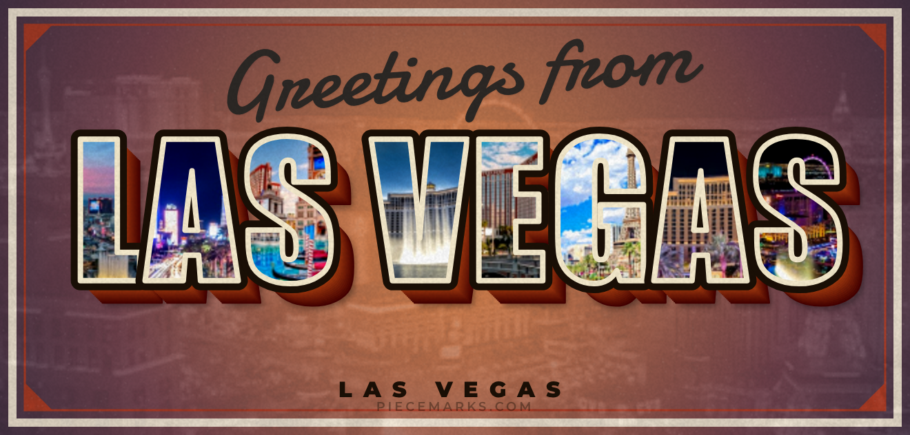 Real photos of LAS VEGAS filling each letter — a Piecemarks Greetings From mural