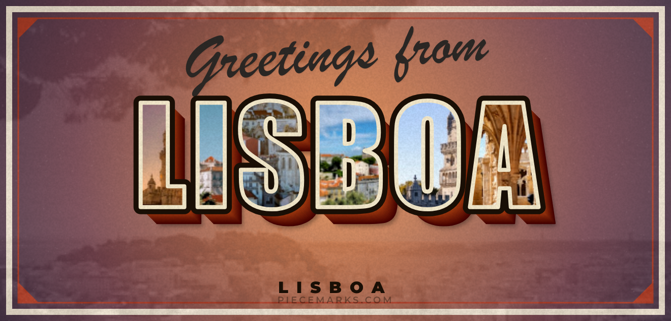 Real photos of LISBOA filling each letter — a Piecemarks Greetings From mural