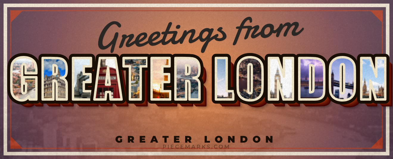 Real photos of LONDON filling each letter — a Piecemarks Greetings From mural