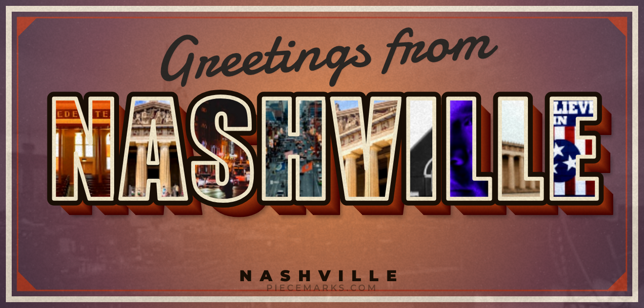 Real photos of NASHVILLE filling each letter — a Piecemarks Greetings From mural