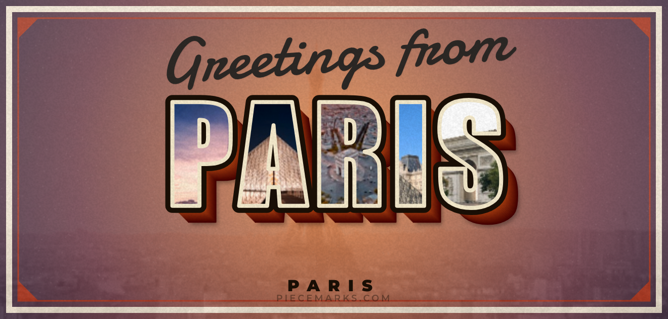 Real photos of PARIS filling each letter — a Piecemarks Greetings From mural