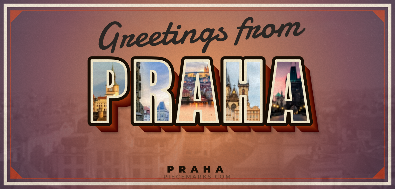 Real photos of PRAHA filling each letter — a Piecemarks Greetings From mural