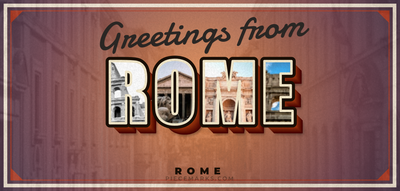 Real photos of ROMA filling each letter — a Piecemarks Greetings From mural