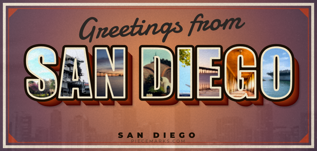 Real photos of SAN DIEGO filling each letter — a Piecemarks Greetings From mural