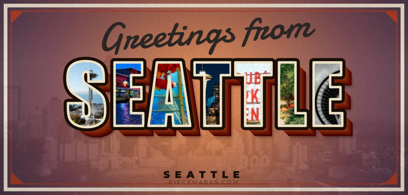 Real photos of SEATTLE filling each letter — a Piecemarks Greetings From mural