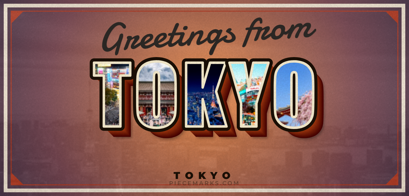 Real photos of TOKYO filling each letter — a Piecemarks Greetings From mural